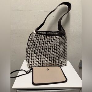 Canvas Chevron Shoulder Bag with Wristlet - Beige and Brown